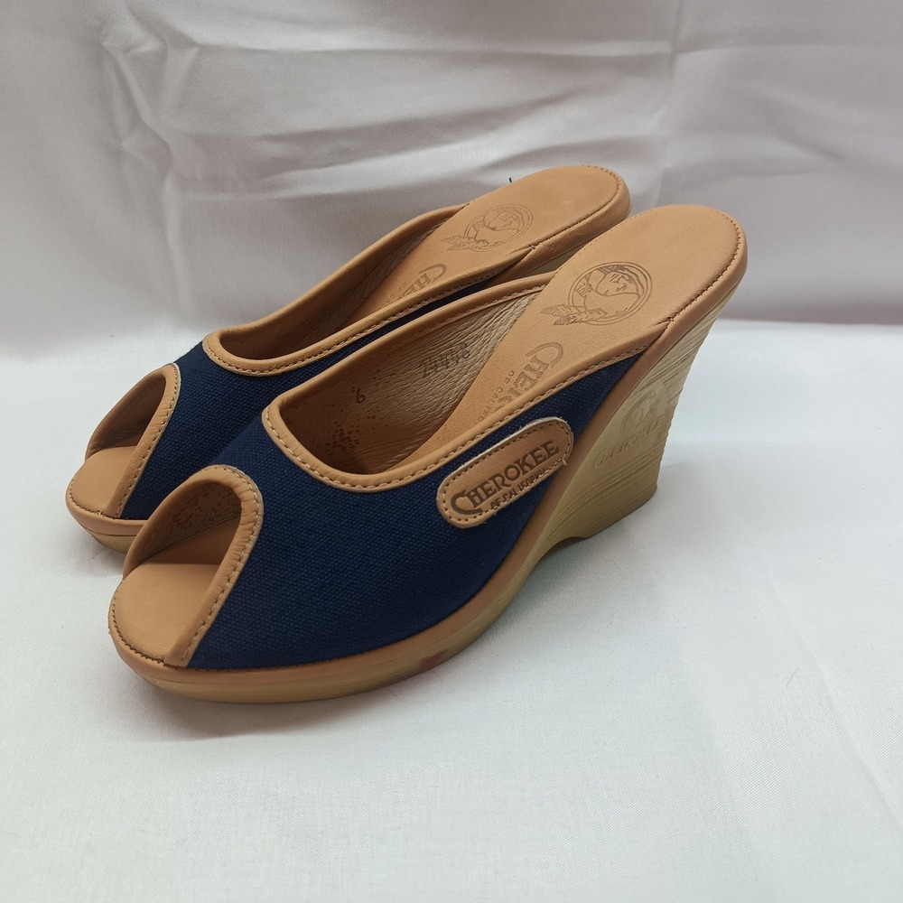 Vrg CHEROKEE of CALIFORNIA 70s 80s Canvas Open Toe Wedge Heels Women's 6 Retro